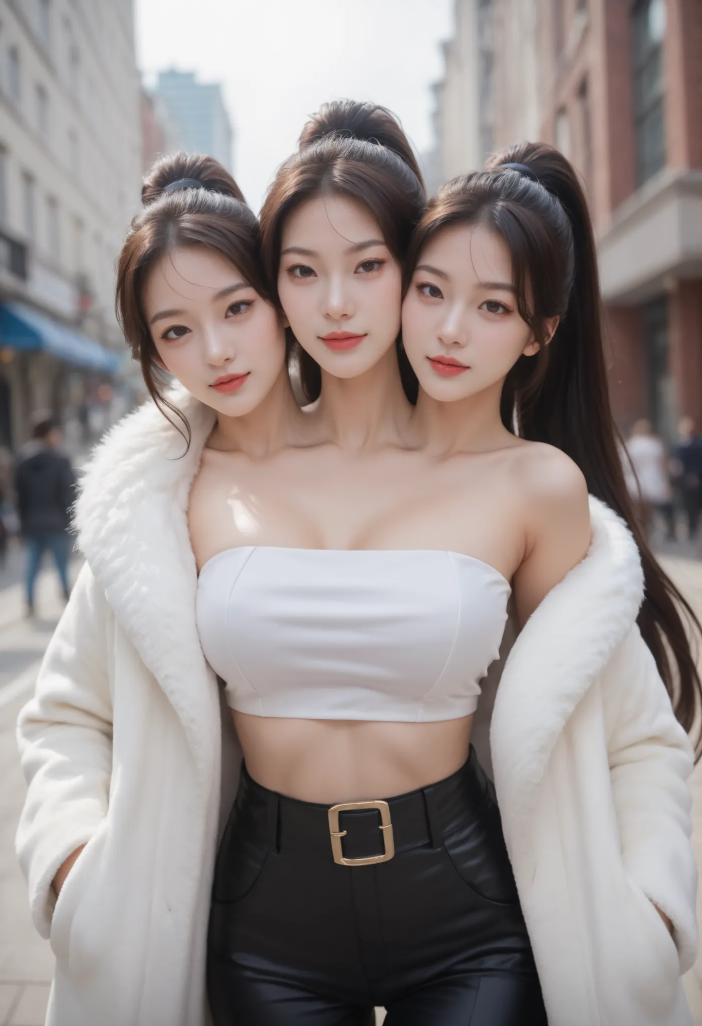 best resolution, conjoined, 2heads, woman with two heads, tall, big chest, different hairstyles, both women have opposite colour hair, long hair with ponytail, no bangs, fur coat, midriff, blouse, high waist pants urban background, close-up, heads and sho...
