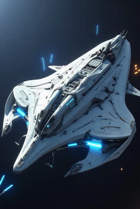 , trimeran spacecraft with stabilizing nacles and rear actuators located centrally .  The central structure is flanked by stabilizing nacles that hold the warp coils in the rear third of the ship's hull.. At the rear of the ship are a series of ionic thrus...