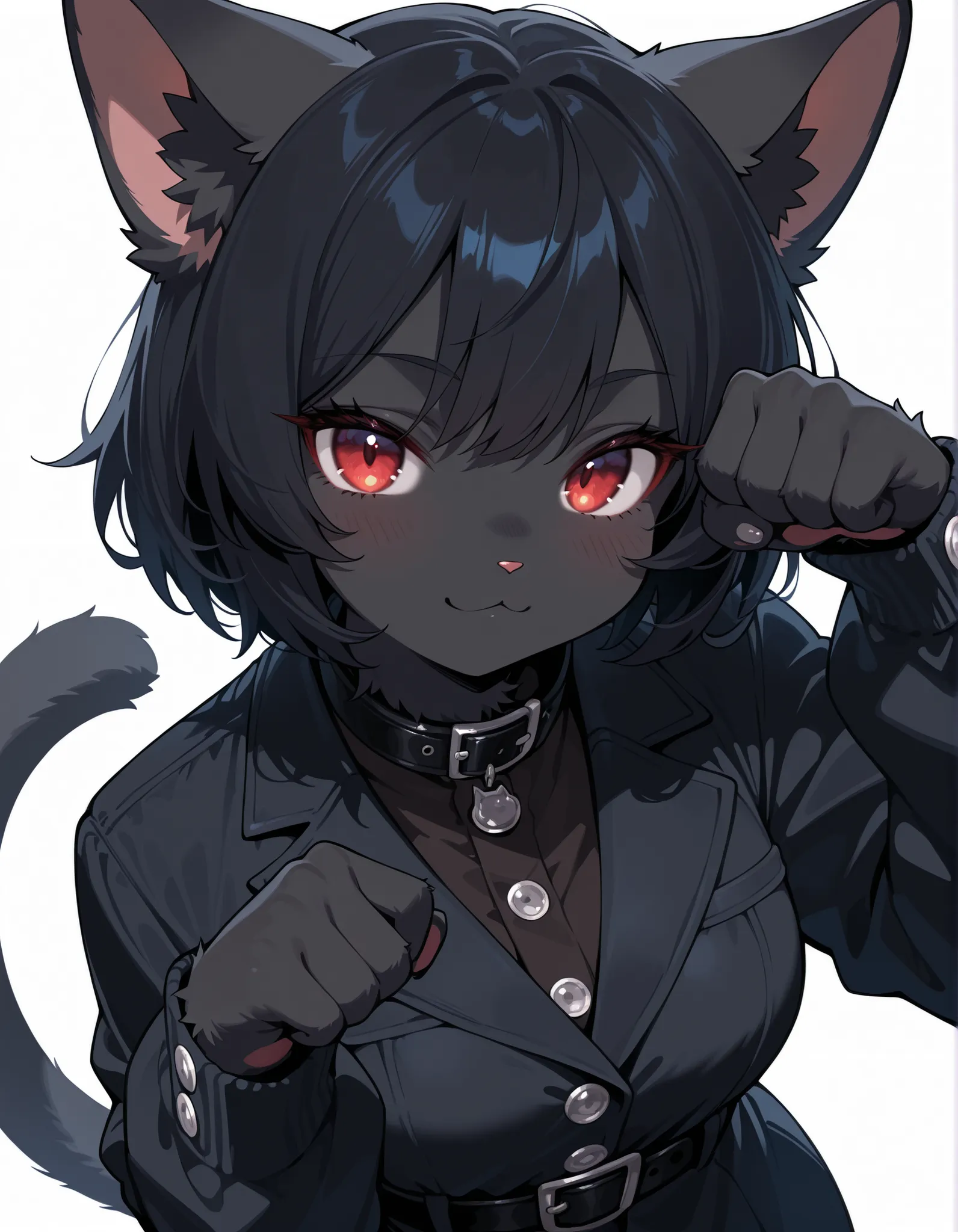 masterpiece, best quality, very aesthetic, 1girl, solo, white background, looking at viewer, portrait, paw pose, :3,
furry female, cat girl, animal ears, black hair, short hair, black skin, red eyes, cat tail,
black jacket, buttons, long sleeves, black ...