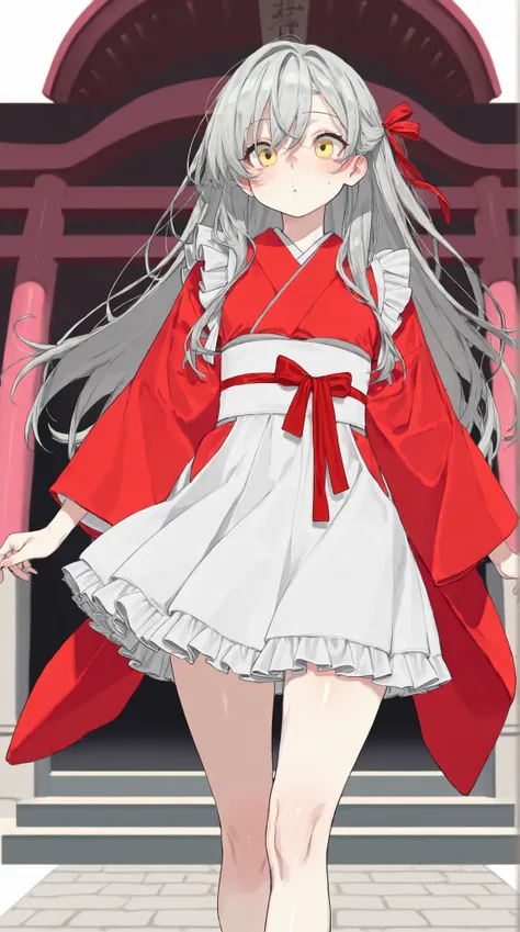 8K (high resolution) (Super Detail) (masterpiece) (Highest Quality) detailed eyes detailed face detailed hands Delicate hair detailed wrinkles on clothes very elaborate body with raised palm fine skin (solo) early yellow eyes (Grey Hair) long hair red ri...