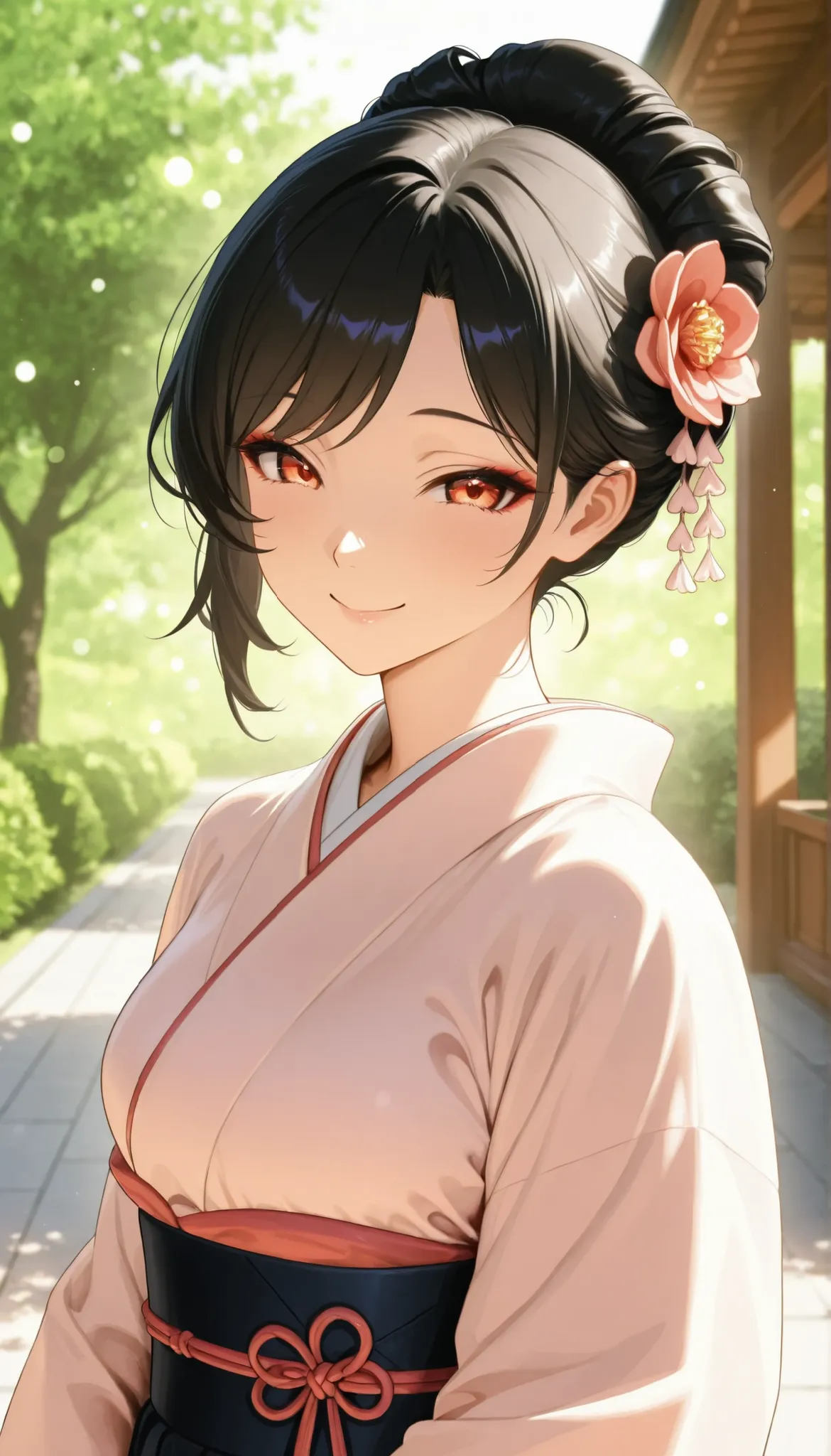 A beautiful Japanese woman in traditional Japanese clothing with a garden view in the background,Japanese hairstyle,smiling expression,Japanese woman in beautiful Japanese clothes with garden scenery in the background,Natural light and shadows,exquisite te...
