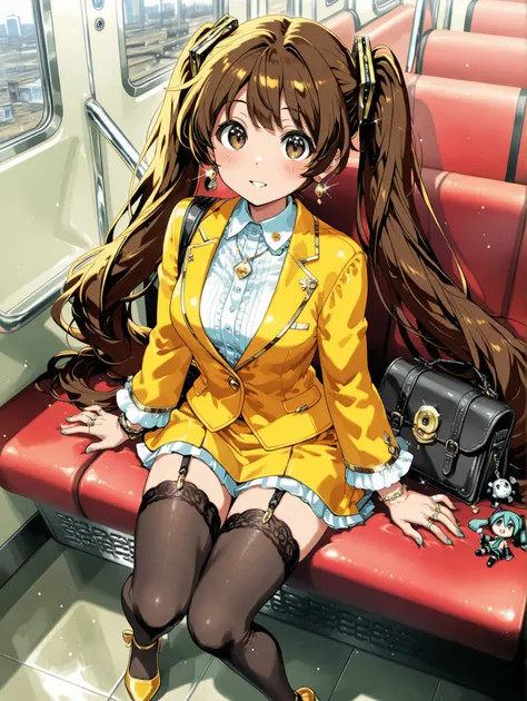 ( masterpiece、 Highest Quality、 Highest Quality、official art、 beautiful beautiful :1.2) Hatsune Miku、Light Green Twin Tails, beautiful breasts、On the New York morning subway、A photo of a Japanese woman sitting in a seat, taken from the opposite seat。Shoes ...