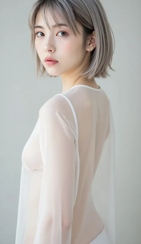 The naked girl is wearing a see-through transparent white shirt、small breasts、Short bob cut with silver hair