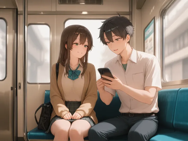 a male college student sitting on a quiet subway bench。when she looks at her smartphone、a female college student returning home from a cafe mistakenly talks to him。and she notices a mistake、He also responds with a smile。a train arrival announcement quietly...