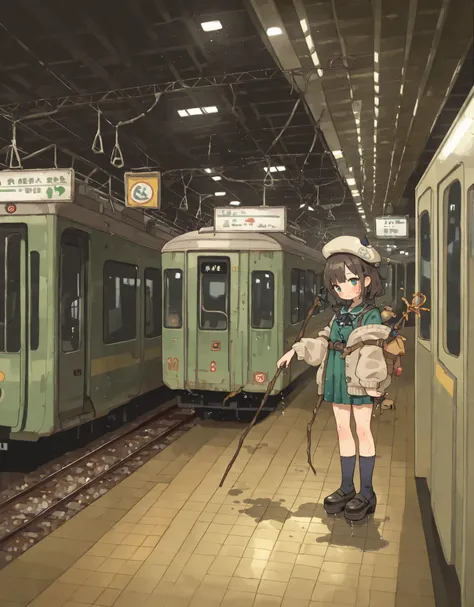masterpiece, Station staff, Underground Station, train, platform pedestrian, wet floor reflection, dark atmosphere