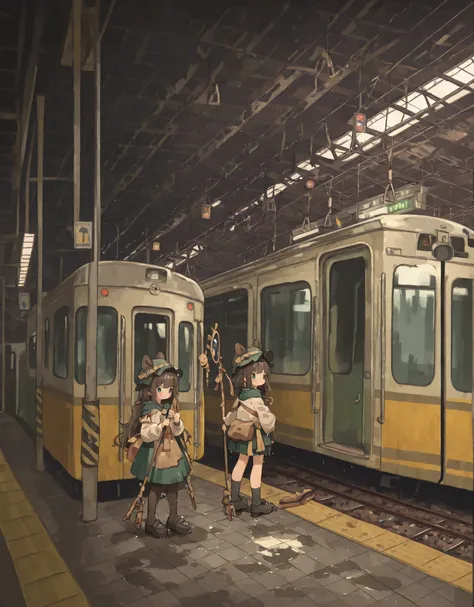 masterpiece, Station staff, Underground Station, train, platform pedestrian, wet floor reflection, dark atmosphere