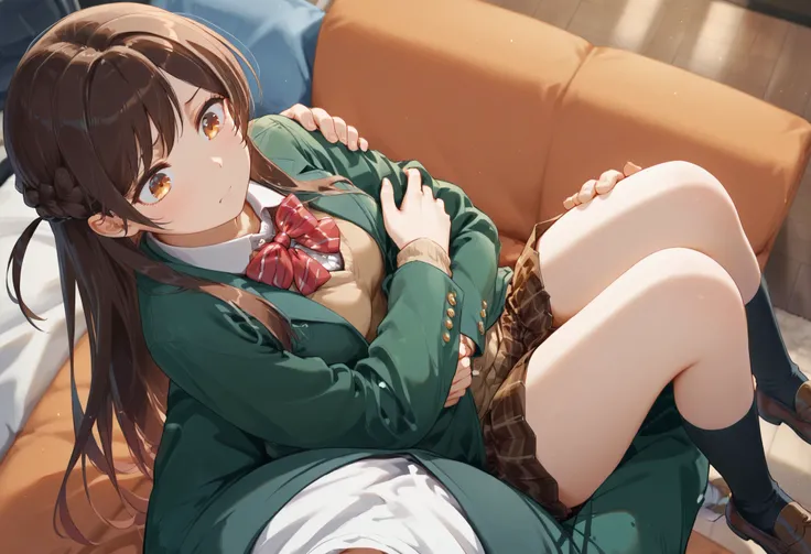 mizuhara chizuru, brown eyes, long hair, one side up, long hair, braid green jacket, long sleeves, open jacket, red bowtie, diagonal-striped bowtie, collared shirt, light brown vest, brown skirt, pleated skirt, plaid skirt, black socks, brown shoes pov, p0...