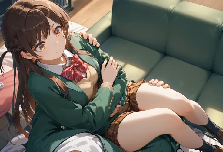 mizuhara chizuru, brown eyes, long hair, one side up, long hair, braid green jacket, long sleeves, open jacket, red bowtie, diagonal-striped bowtie, collared shirt, light brown vest, brown skirt, pleated skirt, plaid skirt, black socks, brown shoes pov, p0...