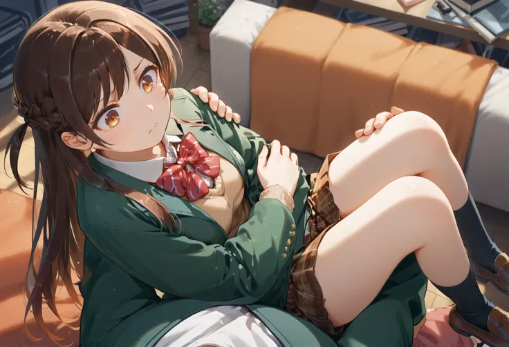 mizuhara chizuru, brown eyes, long hair, one side up, long hair, braid green jacket, long sleeves, open jacket, red bowtie, diagonal-striped bowtie, collared shirt, light brown vest, brown skirt, pleated skirt, plaid skirt, black socks, brown shoes pov, p0...
