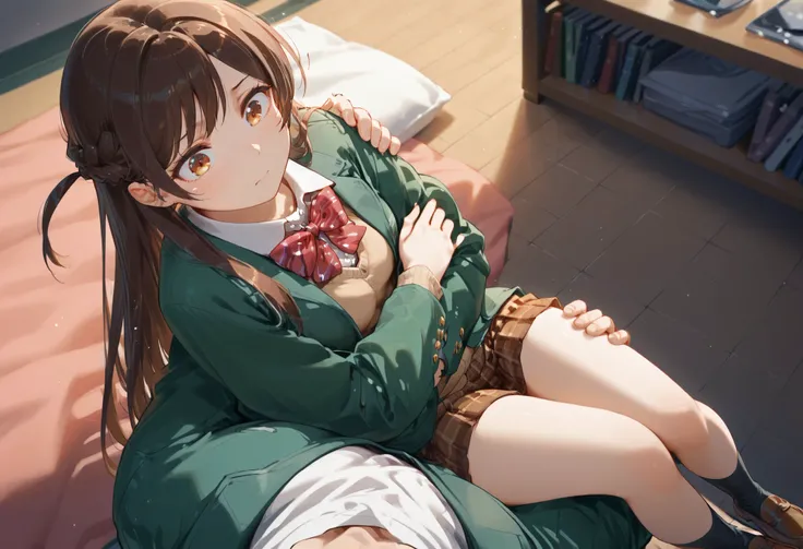 mizuhara chizuru, brown eyes, long hair, one side up, long hair, braid green jacket, long sleeves, open jacket, red bowtie, diagonal-striped bowtie, collared shirt, light brown vest, brown skirt, pleated skirt, plaid skirt, black socks, brown shoes pov, p0...