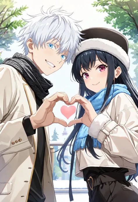 absurdres, highres, ultra detailed, HDR, master piece, Gojou Satoru, A couple, wearing winter hats, scarves, and winter gloves, dressed in white jackets, making the love hand gesture, forming a heart with their hands, smiling sweetly, on a sunny day in the...