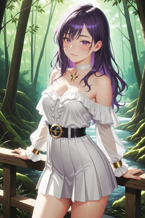 ultra high detail, 8k resolution, noise-free photorealistic ultra high fidelity slender resilient medium-bust woman (スレンダーではりのある中おっぱいの女性) with long wavy purple hair with each strand rendered in lifelike detail wearing an off-shoulder white blouse with fril...