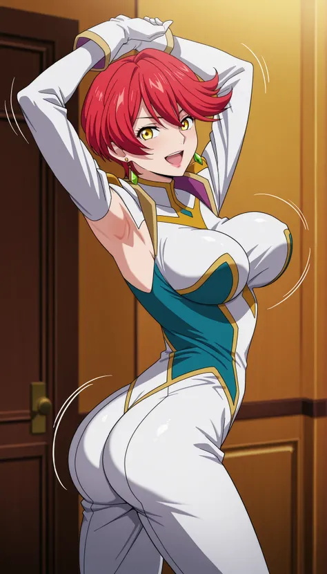 narah_pilotsuit,narah vaughn,1girl,solo,red hair, crossed arms,short hair,breasts ,yellow eyes,gloves,looking at viewer,jewelry,earrings,lipstick,large breasts,mature female,MILF, standing , score_9, score_8_up, score_7_up, score_6_up, score_5_up, score_4_...
