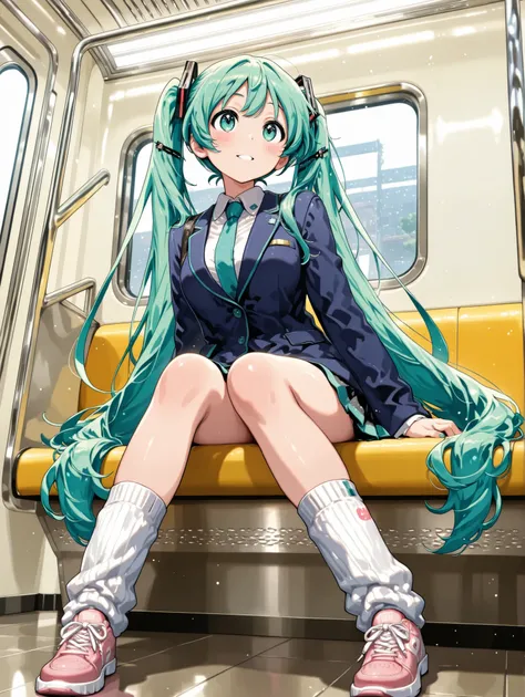 ( masterpiece、 Highest Quality、 Highest Quality、official art、 beautiful beautiful :1.2) Hatsune Miku、Light Green Twin Tails, beautiful breasts、On the New York morning subway、Illustration of a Japanese woman sitting in the seat on the opposite side。Shoes an...