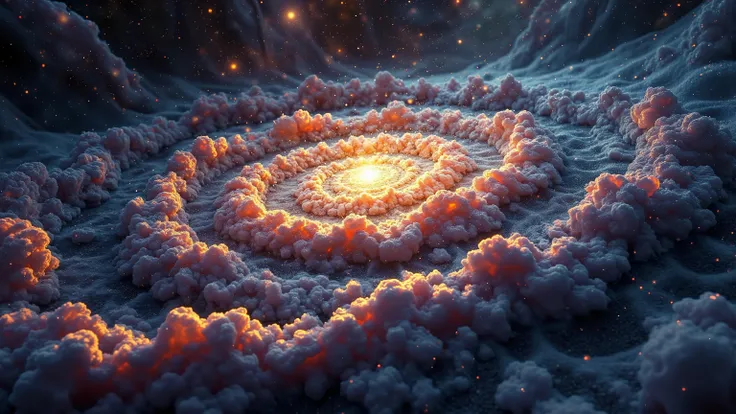 In a majestic framing, an otherworldly fractangle stands at the center, its intricate, swirling patterns shimmering like stardust against a boundless infinity pool of galaxies. Soft, ethereal light emanates from the edges, casting a warm glow on the celest...