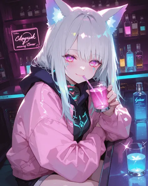 A stylish cat-eared girl sitting at a futuristic bar counter, sipping a glowing virtual cocktail. The wide-angle view shows the neon-lit bar interior with holographic bottles, glowing glass shelves, and colorful lighting. She has silver hair, glowing cat e...