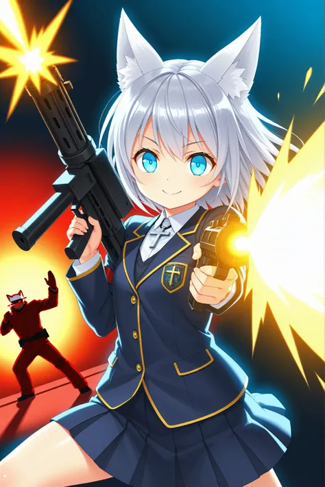 ultra-detailed,8K,CG,1 cute girl, silver hair, light blue eyes , fox ears ,cross pendant
,(:1.3Red Streak Hair),Red Streak Hair,school uniform, jacket/blazer, machine gun,firing ,glowing weapon,happy smile,fighting stance