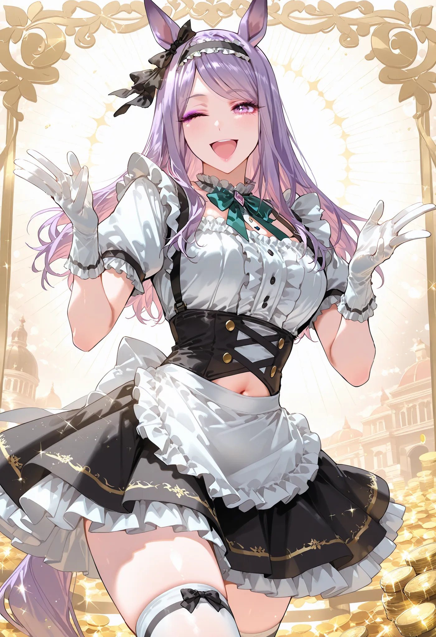 (m18+), masterpiece, best quality, clothes cutout, navel, mejiro mcqueen (umamusume), horse ears, horse girl, horse tail, pink lips, makeup, purple eyeshadow, 1girl,sexy maid outfit、frilly maid headband、mini skirt with apron、knee high socks with ribbon、(Si...