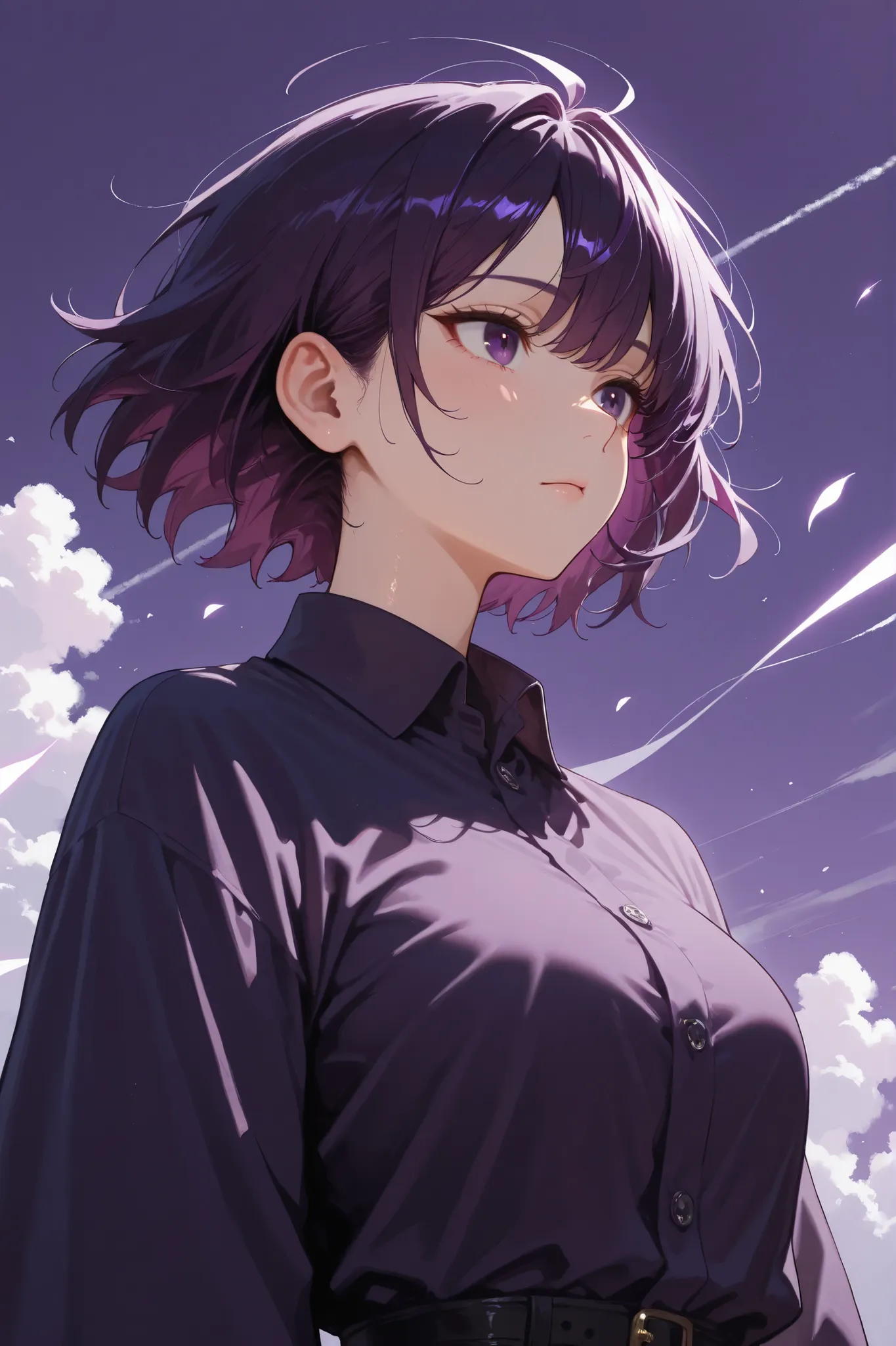 short hair, masterpiece , Dark purple hair,dark purple eyes,Functional wind ,Beautiful Painting Style、Thick coating ,