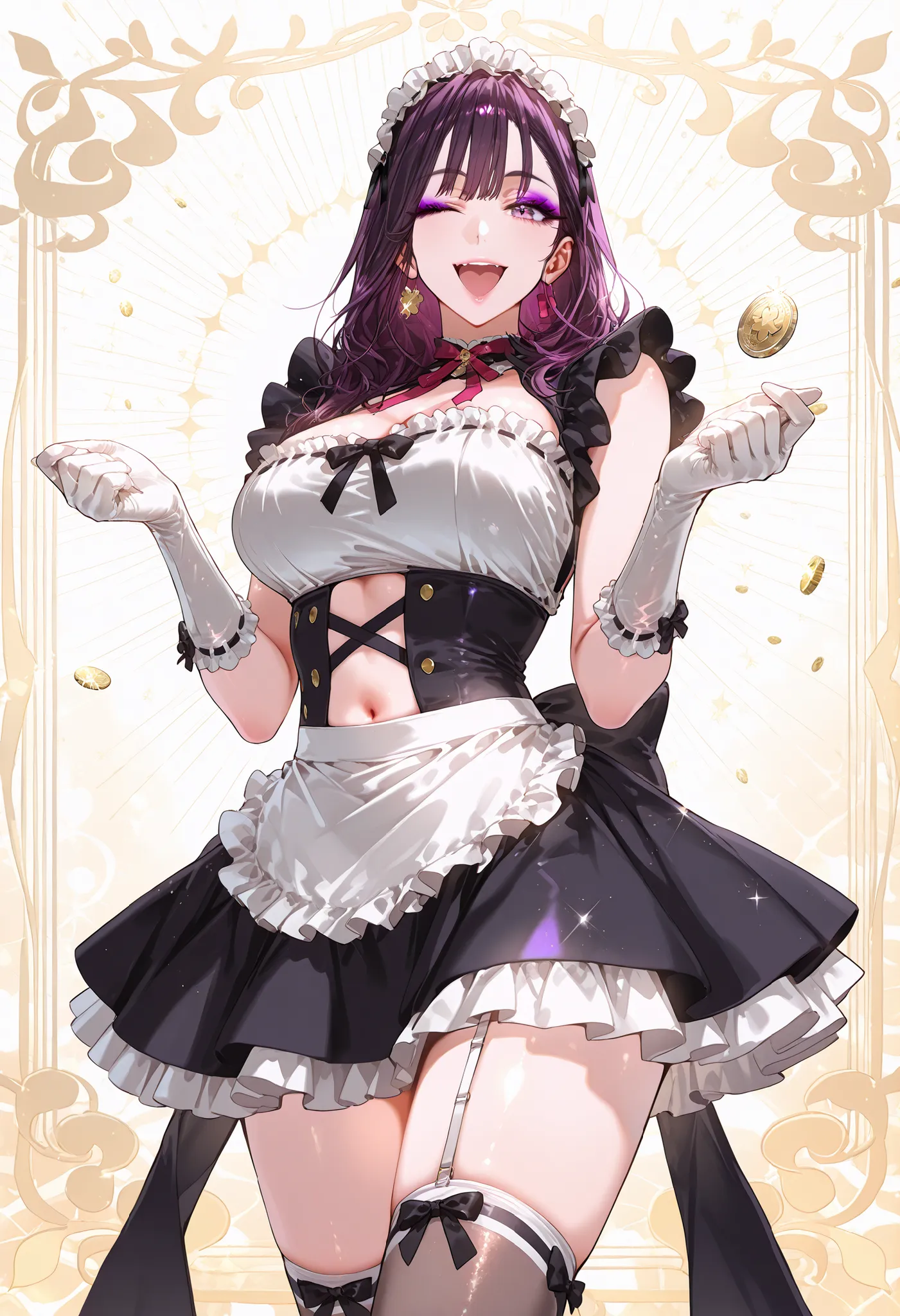 (m18+), masterpiece, best quality, clothes cutout, navel, pink lips, makeup, purple eyeshadow, 1girl,sexy maid outfit、frilly maid headband、mini skirt with apron、knee high socks with ribbon、(Silk Long Gloves)、Fair skin、sexy pose、fantastic night city、A cafe ...