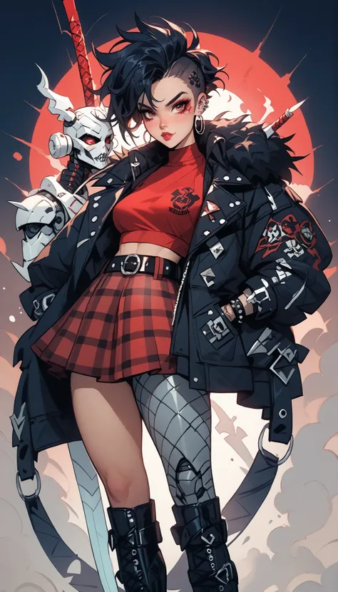 Create a female character with a gothic-punk look with a dark and imposing aura. She has long black hair with straight bangs, wears a red top and jacket contrasting with a plaid skirt dark-toned plaid and a belt with studs. Her high-top black boots are ado...