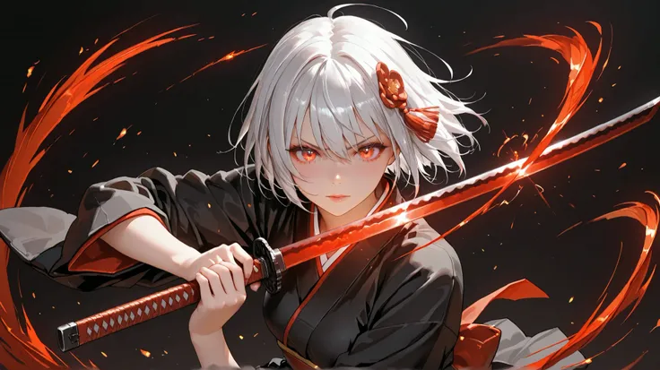 A beautiful silver-haired anime girl in a black kimono with red details, holding a large katana with both hands. Japanese samurai style with fantasy elements, glowing red eyes, intense expression, dark background with dynamic red brush strokes, highly deta...
