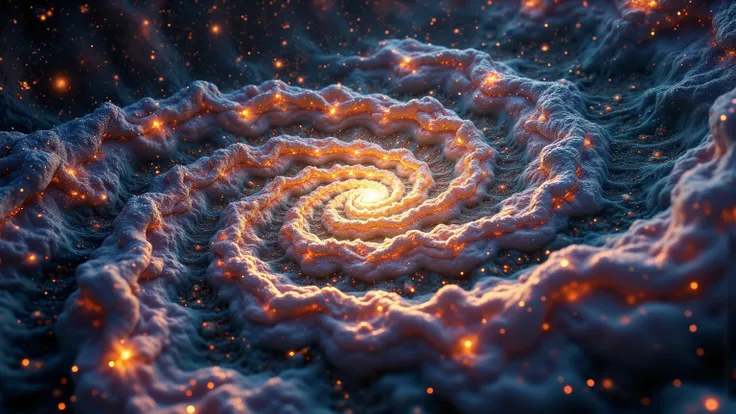 In a majestic framing, an otherworldly fractangle stands at the center, its intricate, swirling patterns shimmering like stardust against a boundless infinity pool of galaxies. Soft, ethereal light emanates from the edges, casting a warm glow on the celest...