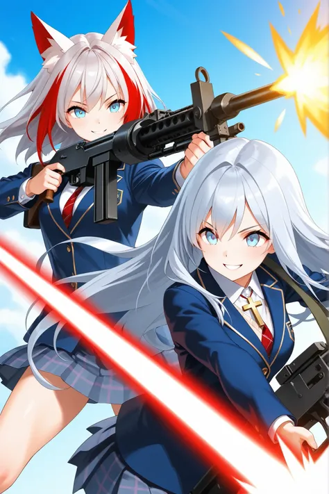 ultra-detailed,8K,CG,1 cute girl, silver hair, light blue eyes , fox ears ,cross pendant
,(:1.3Red Streak Hair),Red Streak Hair,school uniform, jacket/blazer, machine gun,firing ,glowing weapon,happy smile,fighting stance