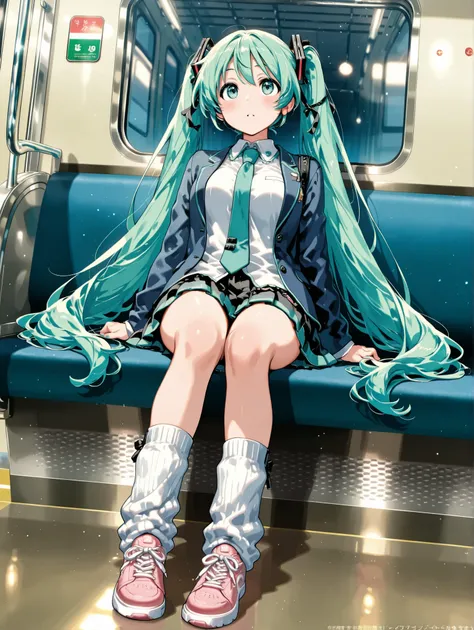 ( masterpiece、 Highest Quality、 Highest Quality、official art、 beautiful beautiful :1.2) Hatsune Miku、Light Green Twin Tails, beautiful breasts、By subway、Illustration of a Japanese woman sitting in the seat on the opposite side、The inside of the train is di...