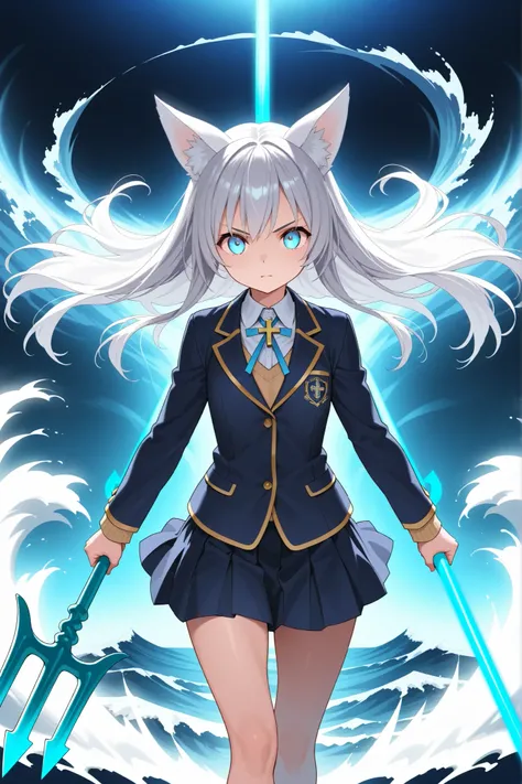ultra-detailed,8K,illustration,CG,1 cute girl, silver hair, light blue eyes , fox ears ,cross pendant
,school uniform, jacket/blazer,trident,glowing weapon,wave,fighting stance