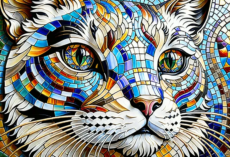 Mosaic tiles, mural, たくさんのCat God の, Cat God , Alex grey cat , Amazing Art, Cat masterpiece, 細部まで全てMosaic tilesで作成された芸術作品, Lots of cat details, Visionary Art , Cat cat dream cat , Amazing Art, Amazing Art, highly detailed Visionary Art , by Eva Shva...