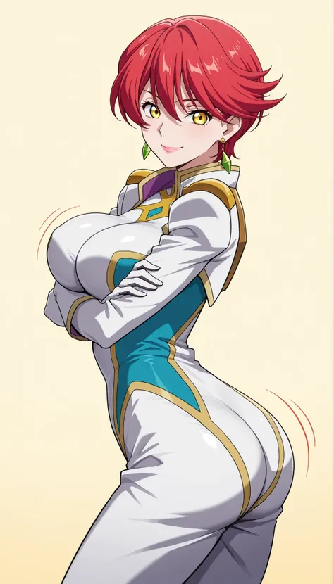 narah_pilotsuit,narah vaughn,1girl,solo,red hair, crossed arms,short hair,breasts ,yellow eyes,gloves,looking at viewer,jewelry,earrings,lipstick,large breasts,mature female,MILF, standing , score_9, score_8_up, score_7_up, score_6_up, score_5_up, score_4_...
