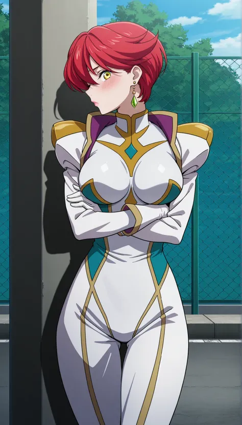 narah_pilotsuit,narah vaughn,1girl,solo,red hair, crossed arms,short hair,breasts ,yellow eyes,gloves,looking at viewer,jewelry,earrings,lipstick,large breasts,mature female,MILF, standing , score_9, score_8_up, score_7_up, score_6_up, score_5_up, score_4_...