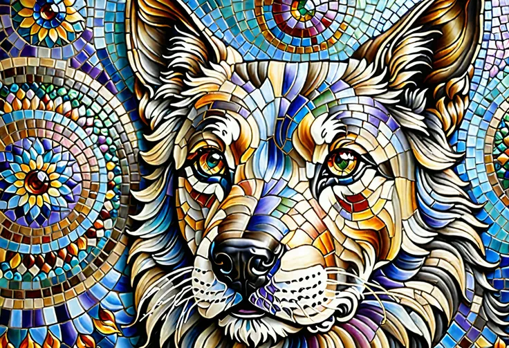 Mosaic tiles, mural, たくさんのGod of dogsの, God of dogs, Alex grey cat , Amazing Art, Dog masterpiece , 細部まで全てMosaic tilesで作成された芸術作品, lots of dog details, Visionary Art , Dog dog dream dog, Amazing Art, Amazing Art, highly detailed Visionary Art , by E...