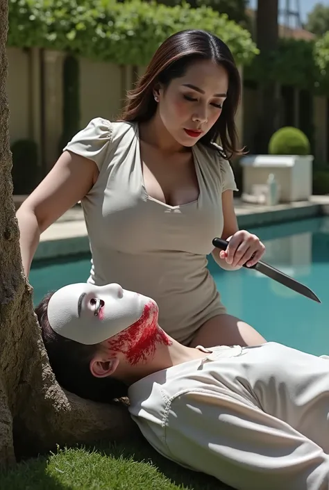 Realistic, A Very beautiful woman, woman very thick hair, boy hoodie, woman kill boy, woman very big breast, woman slaughters boy neck like a lamb, boy neck is flowing with blood, Luxury pool, woman white dress, woman knife, boy leaning tree, boy dead, boy...