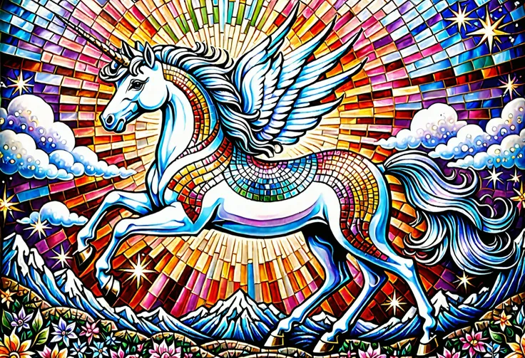 Mosaic tiles, mural, たくさんのGod of Unicornsの, God of Unicorns, Alex Grey Unicorn, Amazing Art, Unicorn Masterpieces, 細部まで全てMosaic tilesで作成された芸術作品, Lots of Unicorns Details, Visionary Art ,, Amazing Art, Amazing Art, highly detailed Visionary Art , by E...