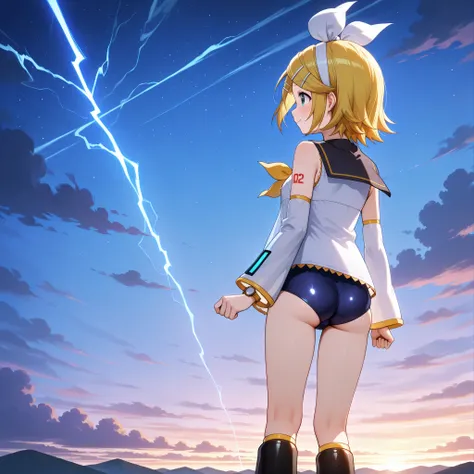watch from the front,1 person, Kagamine Rin, kagamine Rin, short hair, white headband,  hair bow, shoulder tattoo, Number Tattoos, black sailor color,Treble clef, yellow neckerchief, detachable sleeves, White sleeves,without skirt,schoolswimsuit, no pants,...
