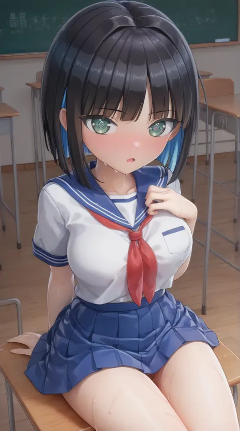 ((PVC:1.5))、masterpiece、Highest Quality、(Beautiful white school uniform with:1.8)、rough breathing、a lot of sweat、beautiful hair、detailed beautiful face、Beautiful Shadows、and open your mouth、(1 girl)、blushes、( Beautiful Fair Skin:1.lender waist 、cute face、b...