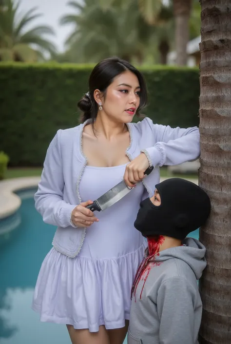Realistic, A Very beautiful woman, boy hoodie, woman kill boy, woman very big breast, woman slaughters boy neck like a lamb, boy neck is flowing with blood, Luxury pool, woman white dress, woman knife, boy leaning tree, boy dead, boy full face mask