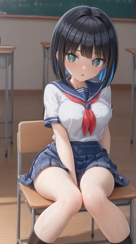 ((PVC:1.5))、masterpiece、Highest Quality、(Beautiful white school uniform with:1.8)、rough breathing、a lot of sweat、beautiful hair、detailed beautiful face、Beautiful Shadows、and open your mouth、(1 girl)、blushes、( Beautiful Fair Skin:1.lender waist 、cute face、b...