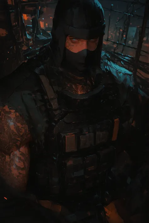 close-up portrait, solo, a tall, muscular man with tanned skin, handsome, wearing combat shirt and black combat pants. He wears a full face black balaclava, blue eyes. His body is covered in tattoos, barbed wire tattoo wrapped around his neck. Mysterious s...