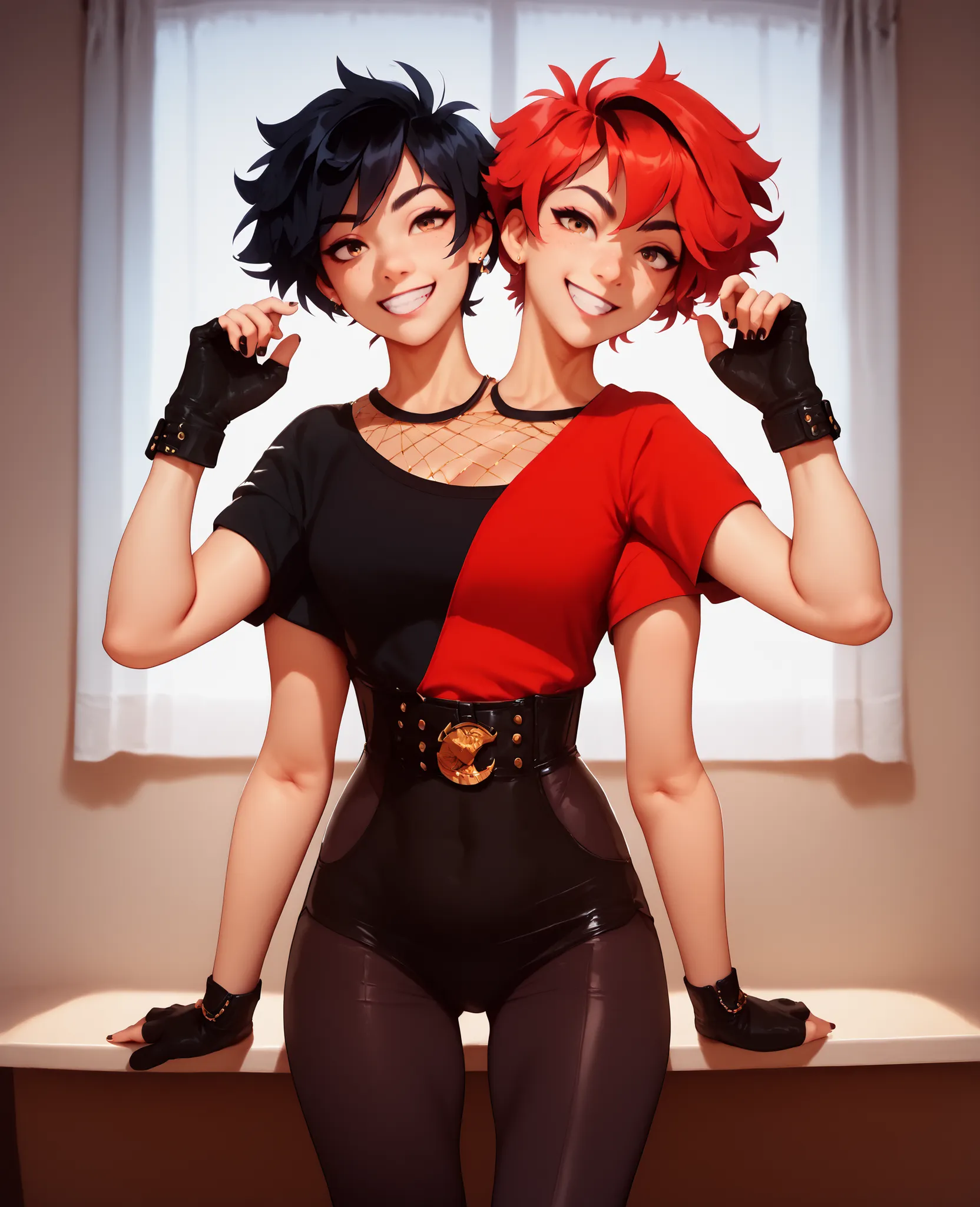 best resolution,anime woman with two heads, gold eyes, different hair colors, red hair, black hair, different hairstyles, different hair-lengths, short hair, long hair, pixie hair, straight hair, hair down, k pop dress, tomboy, nerd, slim build, one shou...