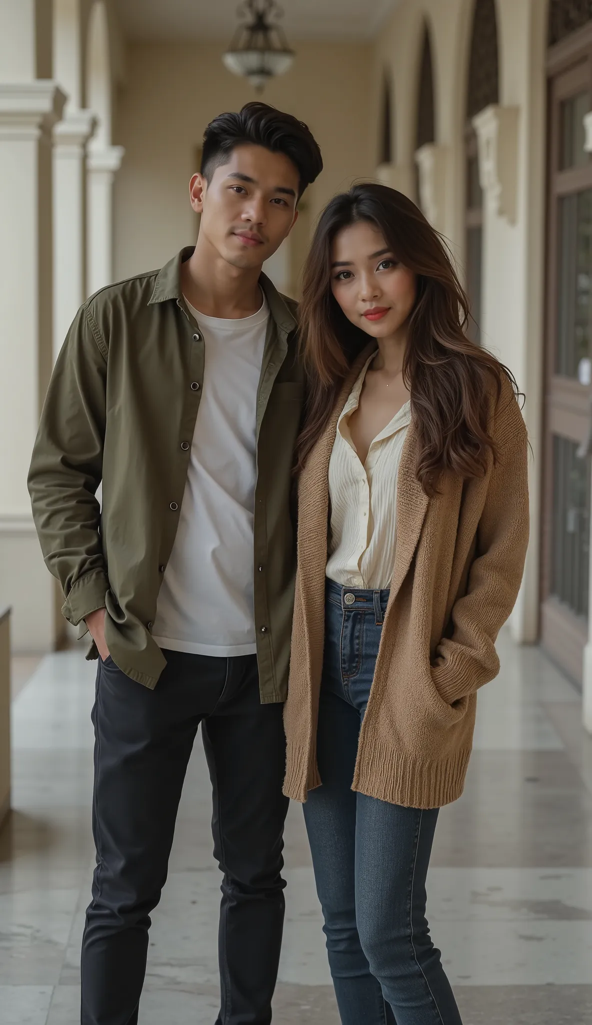 an Indonesian man and an Indonesian woman standing next to each other, an image, inspired by Adam Dario Keel, which is trending in the cg community, a handsome young Indonesian man with a beautiful young Indonesian woman with tangled hair, a man dressed in...