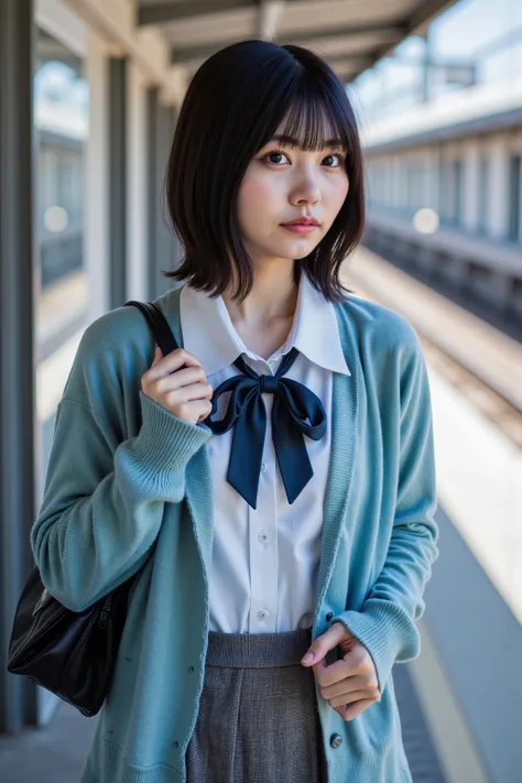 a high resolution photograph of a Japanese young woman, (photo-realistic, realistic, masterpiece, best quality), Intricate details, extremely detailed, ultra high definition, 8k, film grain, lens flare glow, sharp focus, professional lighting, fashion shoo...