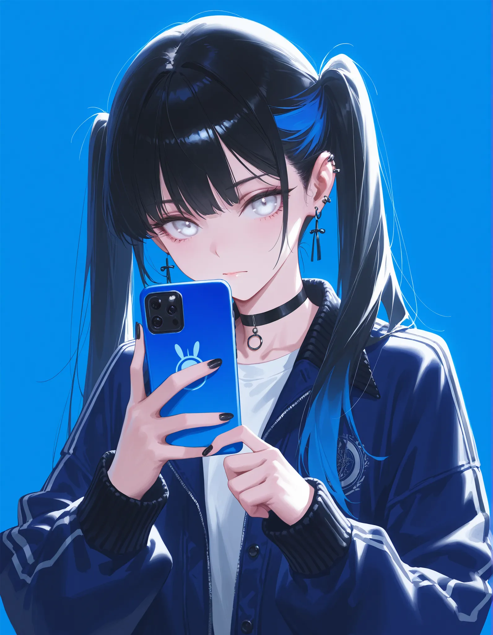 (Artist:human_mame:0.7),(Artist: Reoen :0.85),(nauseous:0.3),(wanke:0.4),( Modare :0.6),(WLOP:0.6),(King_(sanbonzakura):0.4),
1girl, Alone, jewelry, twintails, holding, choker, earrings, upper body, long hair, black hair, blue background, closed mouth, blu...