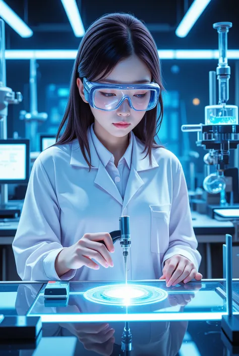 Asian woman ，Clean horsetail，Dressed in a white lab coat，Wear goggles，Precision instruments operating in a modern laboratory，Behind it are large displays and various experimental equipment，The laboratory lights are cool blue，The picture is full of technol...