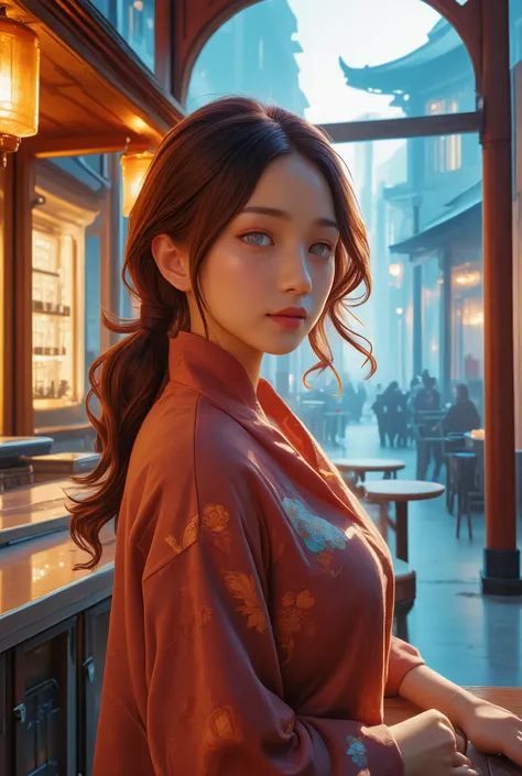 Modern Asian female portraits in diverse urban settings, exploring the contrast of light and shadow in cafés, street scenes, and nighttime offices. Blend classical and modern oriental aesthetics with traditional architectural elements (such as temples, lan...