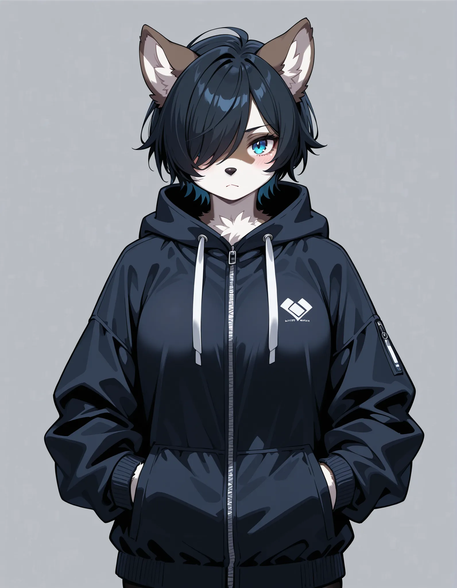 masterpiece, hyper detailed, best quality,(furry:1.3),solo, blue eyes, 1girl, looking at viewer, hood, closed mouth, short hair, grey background, black hair, hair over one eye, jacket ,