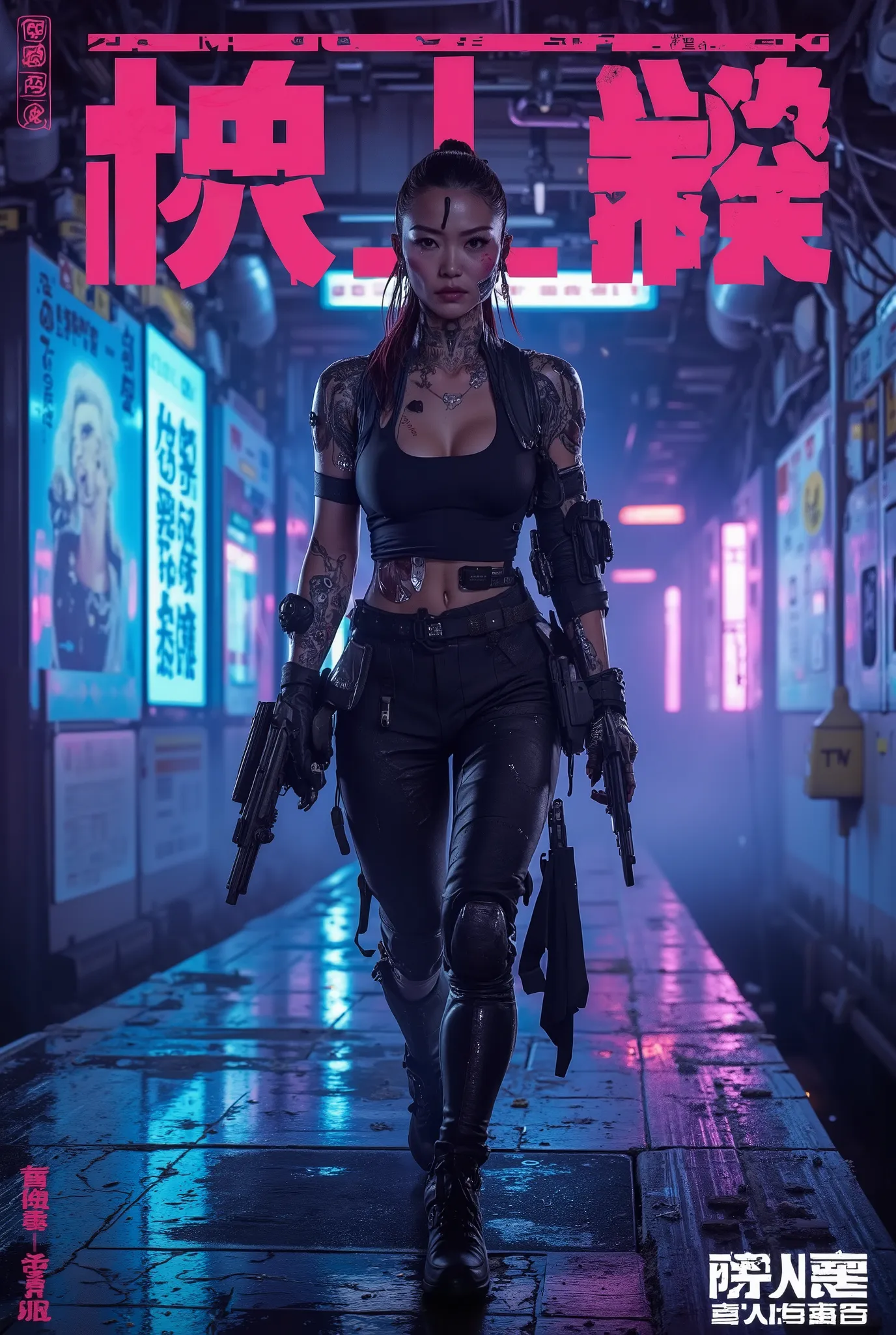 East Asian gangster woman walking toward the viewer on a futuristic subway platform, neon-lit environment, holding a gun, tattoos on her arms, cybernetic enhancements subtly visible, intense expression, gritty urban atmosphere, cinematic framing, Tarantino...