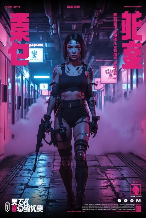 East Asian gangster woman walking toward the viewer on a futuristic subway platform, neon-lit environment, holding a gun, tattoos on her arms, cybernetic enhancements subtly visible, intense expression, gritty urban atmosphere, cinematic framing, Tarantino...